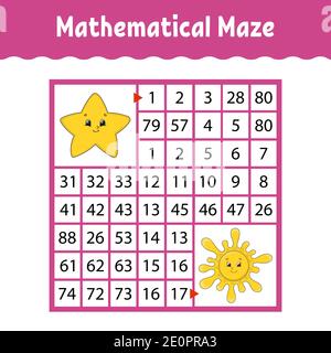 Mathematisch gefärbtes quadratisches Labyrinth. Arbeitsblatt zur Entwicklung von Schulungen. Spiel für Kinder. Puzzle für Kinder. Das Studium der Zahlen. Labyrinth-Rätsel. Flach Stock Vektor