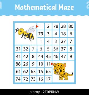 Mathematisch gefärbtes quadratisches Labyrinth. Arbeitsblatt zur Entwicklung von Schulungen. Spiel für Kinder. Puzzle für Kinder. Das Studium der Zahlen. Labyrinth-Rätsel. Flach Stock Vektor