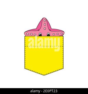 Seesterne in Hemdtasche. Niedlicher Charakter. Farbenfrohe Vektorgrafik. Cartoon-Stil. Isoliert auf weißem Hintergrund. Designelement. Vorlage für Ihr Stock Vektor