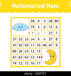 Mathematisch gefärbtes quadratisches Labyrinth. Arbeitsblatt zur Entwicklung von Schulungen. Spiel für Kinder. Puzzle für Kinder. Das Studium der Zahlen. Labyrinth-Rätsel. Flach Stock Vektor