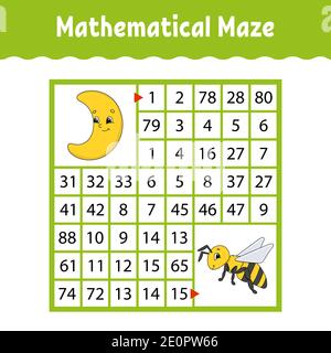 Mathematisch gefärbtes quadratisches Labyrinth. Arbeitsblatt zur Entwicklung von Schulungen. Spiel für Kinder. Puzzle für Kinder. Das Studium der Zahlen. Labyrinth-Rätsel. Flach Stock Vektor