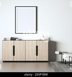Wohnzimmer mit Holzboden und moderne Dekorationen 3D Rendering. Vorderansicht und Rahmen mockup an der Wand kann für Kunst und Drucke mockup oder verwendet werden Stockfoto