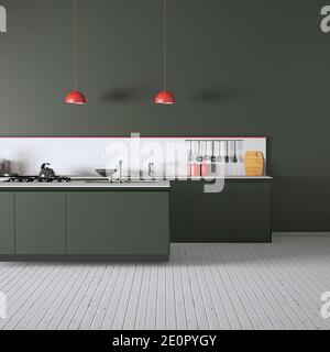 Moderne Küche Top mit minimalen Objekten, weiße U-Bahn-Fliesen und Pastellfarben Vorderansicht 3D-Rendering Stockfoto