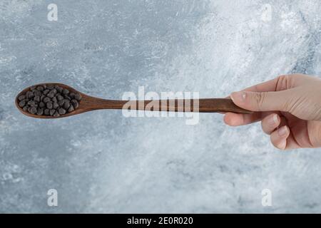 Frau Hand hält einen Holzlöffel Schokolade Chips Stockfoto