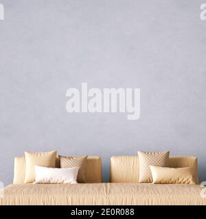 Modernes gemütliches Sofa vor einer leeren Wand Nahaufnahme 3D Rendering. Frontansicht leere Wand Mockup kann für Kunst und Drucke oder Dekorationen, Interieur verwendet werden Stockfoto