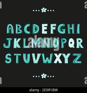 Buchstaben. Handgezeichneter Vektorsatz isoliert auf dunklem Hintergrund. Kinder Doodle abc weiß und blau Cartoon-Zeichen-Sammlung. Stock Vektor