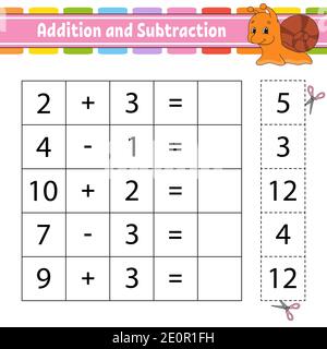 Addition und Subtraktion. Aufgabe für Kinder. Arbeitsblatt zur Entwicklung von Schulungen. Aktivitätsseite. Spiel für Kinder. Witziger Charakter. Isolierte Vektorgrafik Stock Vektor