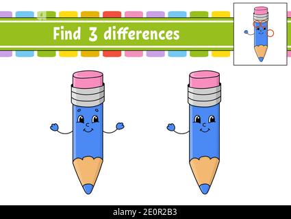 Finden Sie Unterschiede. Arbeitsblatt zur Entwicklung von Schulungen. Aktivitätsseite. Spiel für Kinder. Isolierte Vektor-Illustration in niedlichen Cartoon-Stil. Stock Vektor