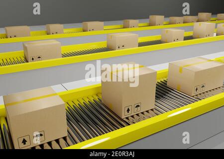 Kartons schreiten auf dem Förderband voran. 3d-Illustration. Stockfoto