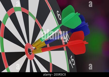 Drei Pfeile, blau, rot und grün, stecken in der Mitte eines Ziels. 3d-Illustration. Stockfoto