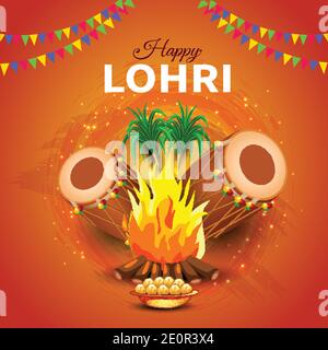 Indian Punjabi Festival der lohri Feier Feuer Hintergrund mit dekorierten Trommel und Zuckerrohr. vektor-Illustration Design. Stock Vektor