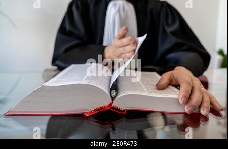 Justiz, Rechtsanwalt Frau hält und lesen offen Red Law Buch - Französisch Recht Stockfoto