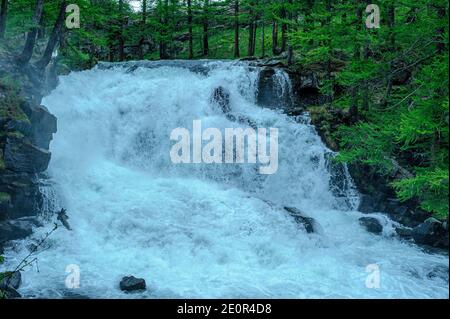 Ein Wasserfall im Tal eines Flusses in den Hautes-Alpes, Frankreich. Die Wirbel verursachen eine Wolke aus blendend weißem Nebel. Am Ufer wachsen Flecken von Gras. Stockfoto