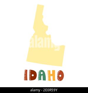 USA Kollektion. Karte von Idaho - gelbe Silhouette. Kritzelnde Schriftzüge Stock Vektor