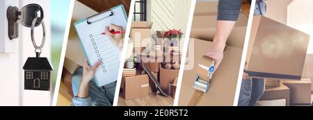 Moving House - Darstellung der verschiedenen Phasen eines Verschieben - Webbanner-Design Stockfoto