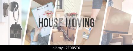 Moving House - Darstellung der verschiedenen Phasen eines Verschieben - Webbanner-Design Stockfoto