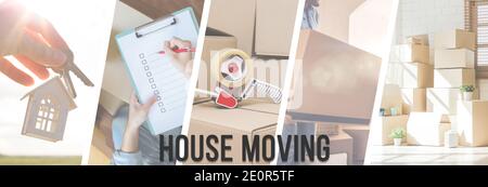 Moving House - Darstellung der verschiedenen Phasen eines Verschieben - Webbanner-Design Stockfoto