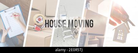 Moving House - Darstellung der verschiedenen Phasen eines Verschieben - Webbanner-Design Stockfoto