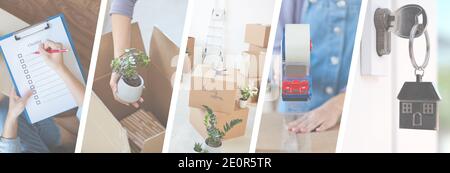 Moving House - Darstellung der verschiedenen Phasen eines Verschieben - Webbanner-Design Stockfoto