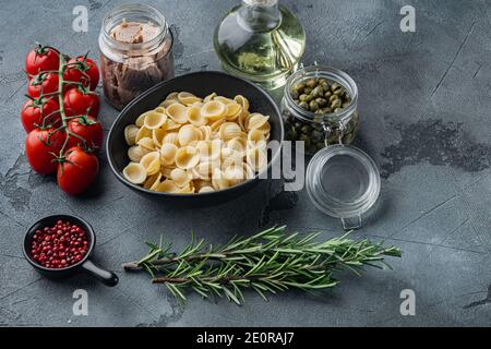 Köstliche Lumaconi Pasta-Mahlzeit mit Thunfisch und Baby Kapern, auf grauem Hintergrund Stockfoto