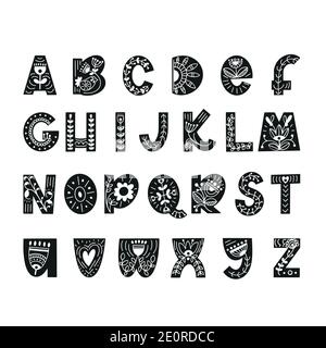 Handgezeichnetes lateinisches Alphabet im skandinavischen Stil. Volkskunst Schriftart mit Blumen und Blätter Ornament. Für Typografie Poster, Karte, Label Design. Stock Vektor