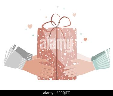 Doodle Illustration von Mann und Frau Hände geben Valentinstag Geschenk. Mann, der einer Frau eine Geschenkbox gibt. Vektorgrafik Stock Vektor