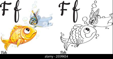 Fisch. Vektor Alphabet Buchstabe F, Malseite Stock Vektor