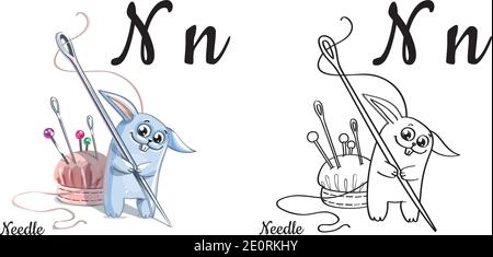 Nadel. Vektor Alphabet Buchstabe N, Malseite Stock Vektor