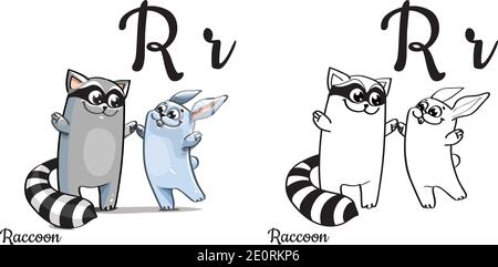 Waschbär. Vektor Alphabet Buchstabe R, Malseite Stock Vektor