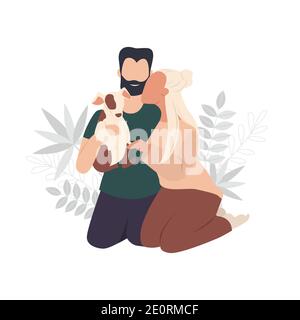 Nette Familie Kuscheln mit Hund Vektor-Illustration. Blonde Frau und bärtigen Mann umarmt isoliert auf weißem Hintergrund. Stock Vektor