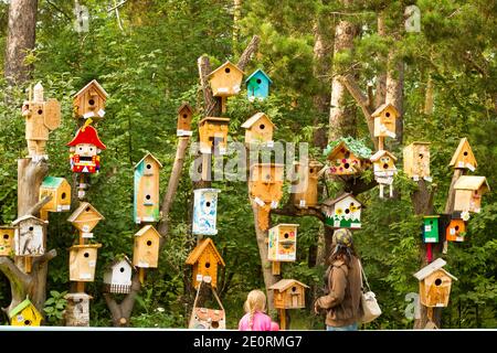 Viele verschiedene Formen Vogelfutterhäuschen für Nistkasten hängen auf Holzzaun. Vogelfutterhäuschen im Park. Bunte Vogelfutterhäuschen im rustikalen Garten Stockfoto