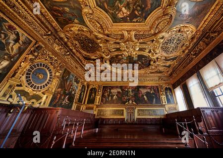 Fresken und Stuck im Senatssaal, Sala del Senato, Dogenpalast, Palazzo Ducale, Venedig, Venetien, Italien Stockfoto