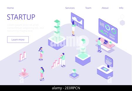 Startup und Coworking Office Konzept Vektor. Freiberufler, Geschäftsmann für expo, Forex, Illustration. Internet-Kommunikation Geschäft in trendigen isometr Stock Vektor