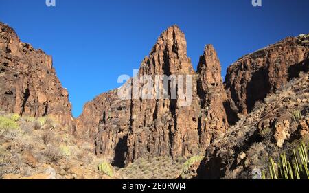 Gran Canaria, landscapes along the hiking route around the ravive Barranco Hondo, The Deep Ravine at the southern part of the  island, full of caves a Stock Photo