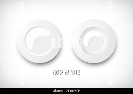 Set aus zwei weißen leeren runden Platten. Suppenteller und klassischer Teller von oben. Vignette Hintergrund. Elemente für Web-Designs. Vektorgrafik. Stock Vektor