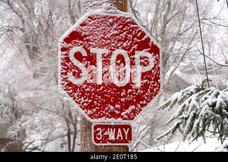 Schneebedecktes Stoppschild nach einem Wintersturm. LaSalle County, Illinois, USA Stockfoto
