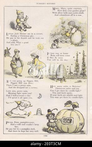 Vintage Illustrationen von Nursery Rhyme - Little Jack Horner / Wenn Bienen zu Hause bleiben / Pippen Hill / wie viele Meilen nach Babylon? / Peter Peter Pumpkin. Stockfoto