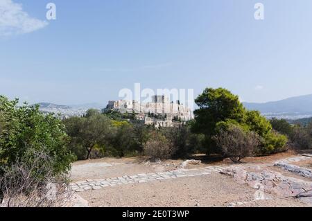 Panoramablick auf die Akropolis vom Philopappou-Hügel, Athen, Griechenland. Stockfoto