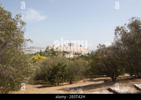 Panoramablick auf die Akropolis vom Philopappou-Hügel, Athen, Griechenland. Stockfoto