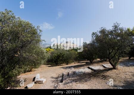 Panoramablick auf die Akropolis vom Philopappou-Hügel, Athen, Griechenland. Stockfoto
