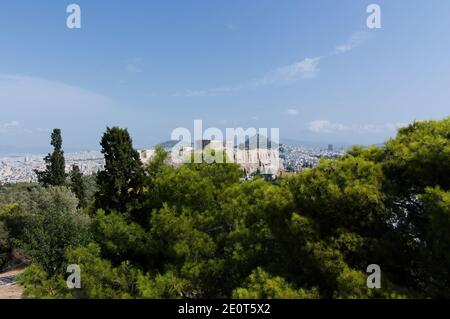 Panoramablick auf die Akropolis vom Philopappou-Hügel, Athen, Griechenland. Stockfoto