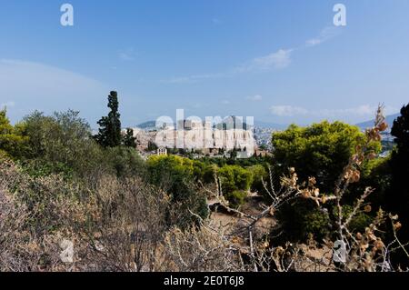 Panoramablick auf die Akropolis vom Philopappou-Hügel, Athen, Griechenland. Stockfoto