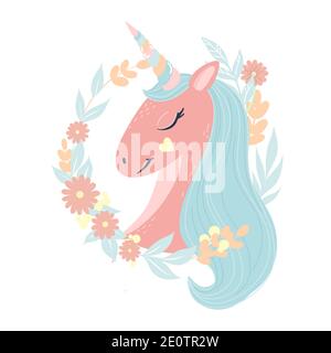 Niedliche magische rosa Einhorn in bunten Blumen. Vektor-Design auf weißem Hintergrund. Druck für T-Shirt. Romantische Handzeichnung Illustration für Kinder. Stock Vektor