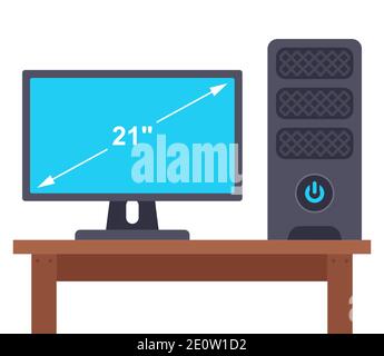 Diagonale des Bildschirms des Monitors eines stationären Computers. Flache Vektordarstellung isoliert auf weißem Hintergrund. Stock Vektor