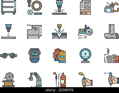 Satz von Symbolen für flache Schweißlinien. Spot Machine, Schrauben, Lötlampe und mehr. Stock Vektor