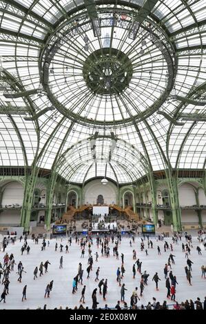 Besucher Schlittschuh auf einer riesigen Eisbahn, die am 12. Dezember 2012 in der glasüberdachten zentralen Halle des Grand Palais in Paris, Frankreich, stattfindet. Die Eisbahn, die größte Eisbahn, die jemals in Frankreich geschaffen wurde, ist 1,800 Quadratmeter groß und kann 1000 Personen gleichzeitig empfangen. Foto von Christophe Guibbaud/ABACAPRESS.COM. Stockfoto