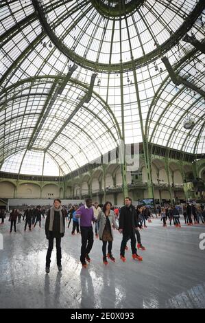 Besucher Schlittschuh auf einer riesigen Eisbahn, die am 12. Dezember 2012 in der glasüberdachten zentralen Halle des Grand Palais in Paris, Frankreich, stattfindet. Die Eisbahn, die größte Eisbahn, die jemals in Frankreich geschaffen wurde, ist 1,800 Quadratmeter groß und kann 1000 Personen gleichzeitig empfangen. Foto von Christophe Guibbaud/ABACAPRESS.COM. Stockfoto