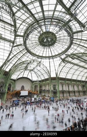 Besucher Schlittschuh auf einer riesigen Eisbahn, die am 12. Dezember 2012 in der glasüberdachten zentralen Halle des Grand Palais in Paris, Frankreich, stattfindet. Die Eisbahn, die größte Eisbahn, die jemals in Frankreich geschaffen wurde, ist 1,800 Quadratmeter groß und kann 1000 Personen gleichzeitig empfangen. Foto von Christophe Guibbaud/ABACAPRESS.COM. Stockfoto