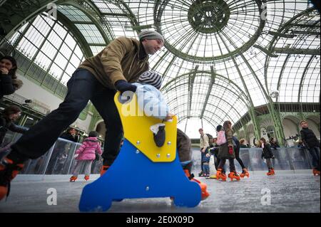 Besucher Schlittschuh auf einer riesigen Eisbahn, die am 12. Dezember 2012 in der glasüberdachten zentralen Halle des Grand Palais in Paris, Frankreich, stattfindet. Die Eisbahn, die größte Eisbahn, die jemals in Frankreich geschaffen wurde, ist 1,800 Quadratmeter groß und kann 1000 Personen gleichzeitig empfangen. Foto von Christophe Guibbaud/ABACAPRESS.COM. Stockfoto