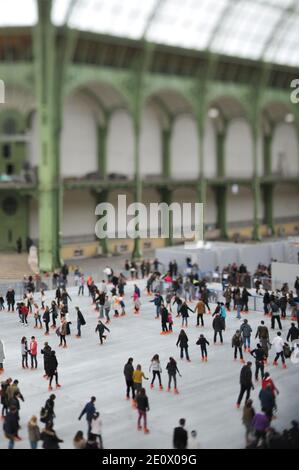Besucher Schlittschuh auf einer riesigen Eisbahn, die am 12. Dezember 2012 in der glasüberdachten zentralen Halle des Grand Palais in Paris, Frankreich, stattfindet. Die Eisbahn, die größte Eisbahn, die jemals in Frankreich geschaffen wurde, ist 1,800 Quadratmeter groß und kann 1000 Personen gleichzeitig empfangen. Foto von Christophe Guibbaud/ABACAPRESS.COM. Stockfoto